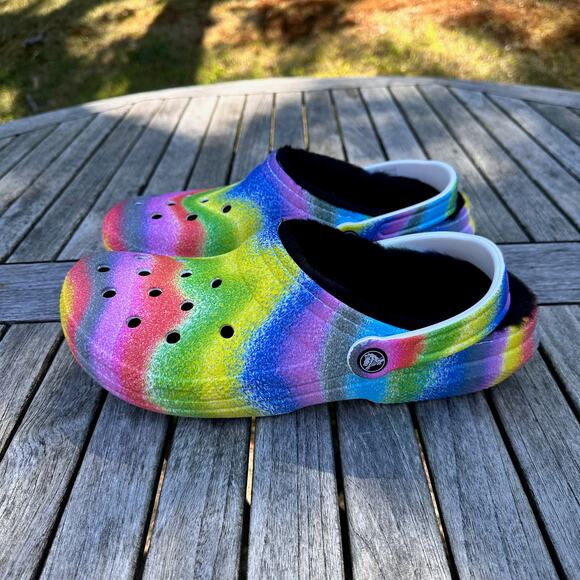 Crocs Classic Lined Mens 10 W 12 Clogs Spray Rainbow Tie Dye Slip On Shoes New - Picture 2 of 13